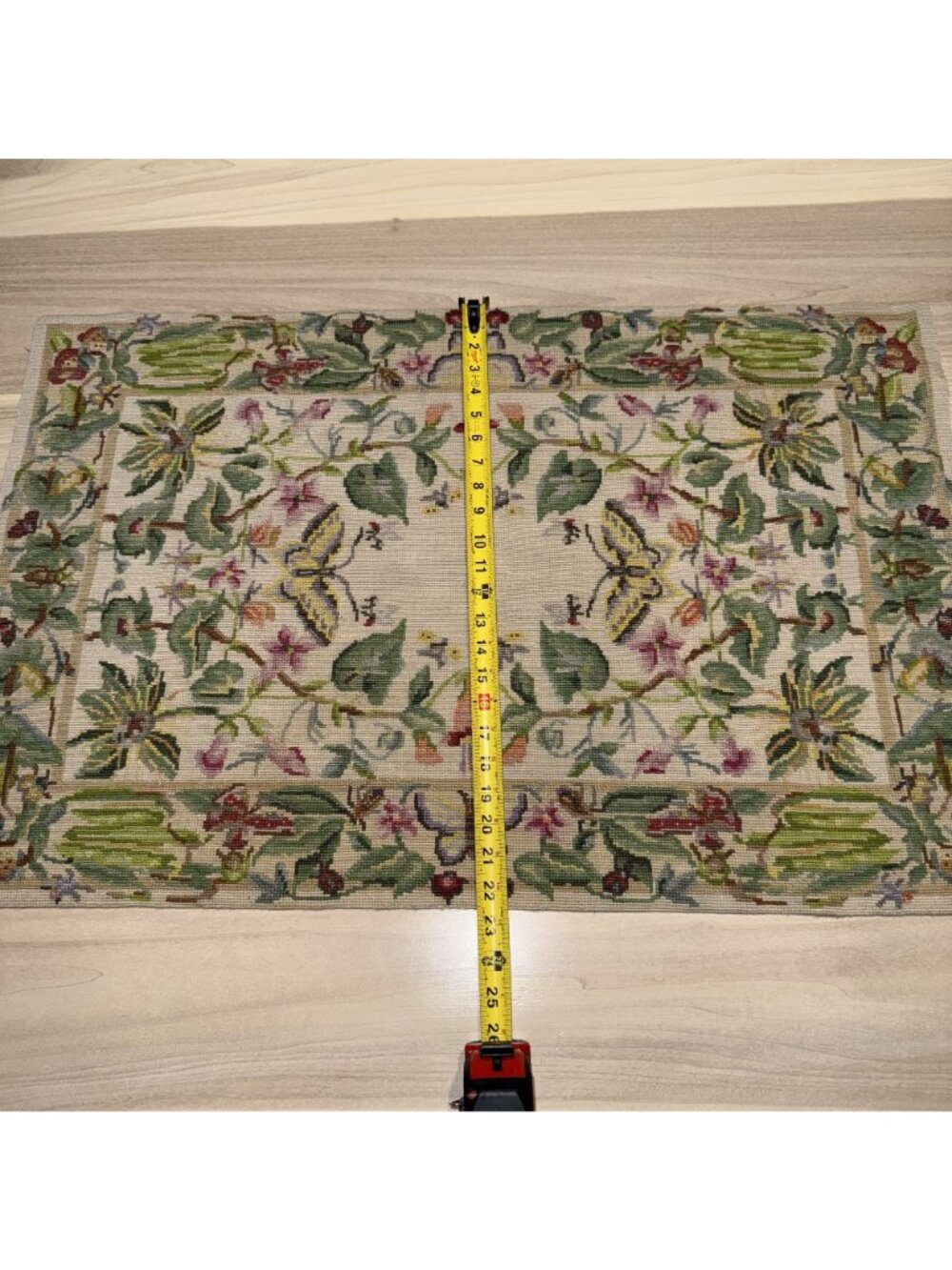 Needlepoint Hand Embroidered Aubusson Style Tapestry Mat Green Botanical Print 3 - Picture 2 of 5